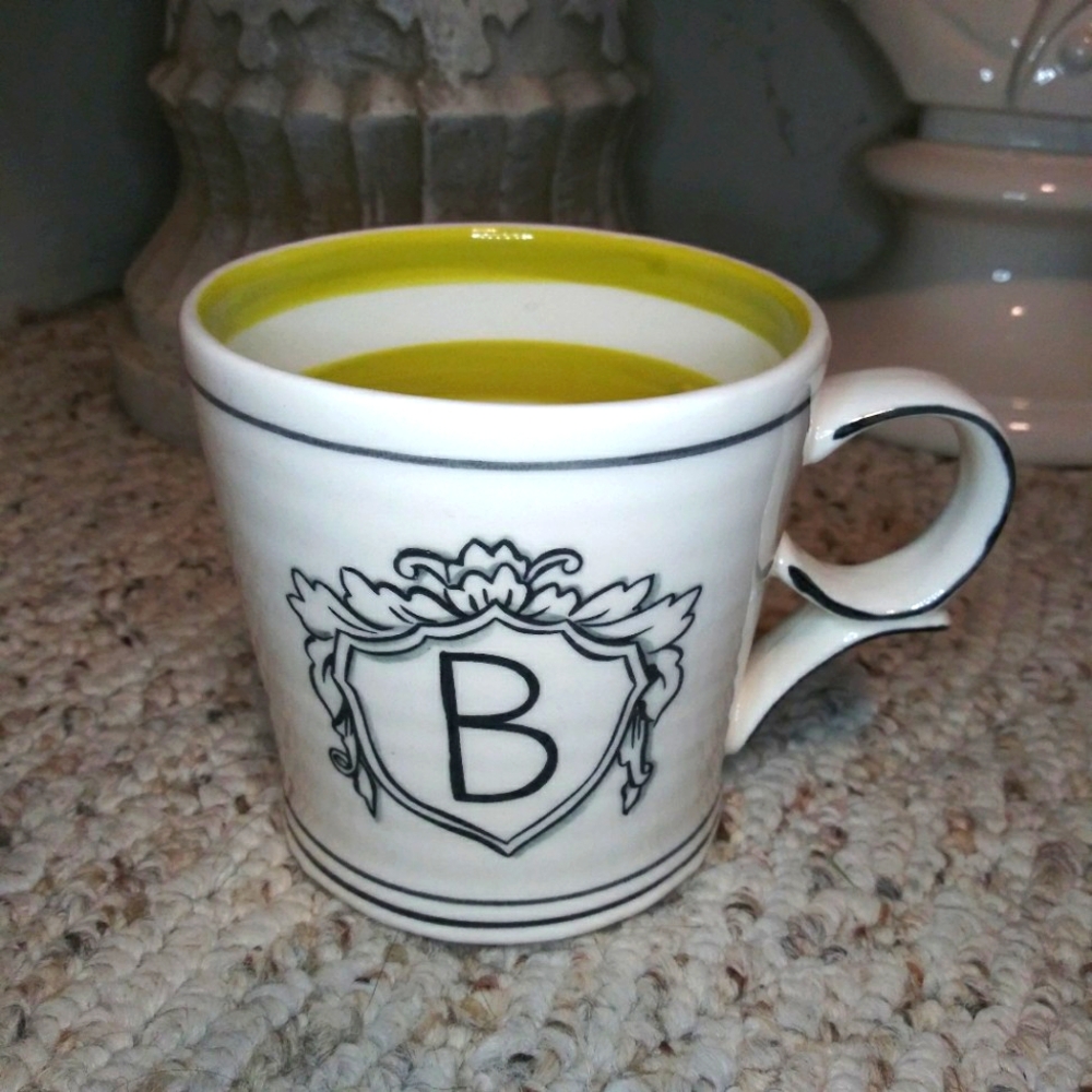 Anthropologie Molly Hatch Shield "B" Initial & Lime Stripe Coffee Mug